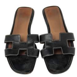 Pre Owned Hermes Black Leather Oran Sandals Size 37.5