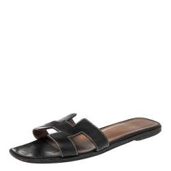 Pre Owned Hermes Black Leather Oran Sandals Size 37.5