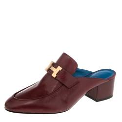 Pre Owned Hermes Ruby Leather Trocadero Mule Sandals Size 37