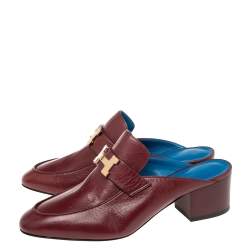 Pre Owned Hermes Ruby Leather Trocadero Mule Sandals Size 37