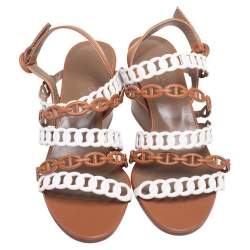 Hermes White/Brown Leather Romy Sandals Size 37