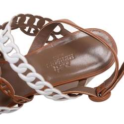 Hermes White/Brown Leather Romy Sandals Size 37