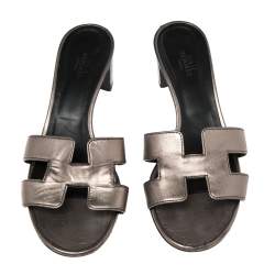 Pre Owned Hermes Metallic Bronze Leather Oasis Sandals Size 37.5