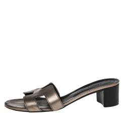 Pre Owned Hermes Metallic Bronze Leather Oasis Sandals Size 37.5