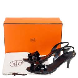 Hermes Black Patent Leather Night Slingback Sandals Size 39