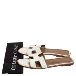 Pre Owned Hermes White Leather Oran Slides Sandals Size 42