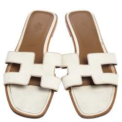 Pre Owned Hermes White Leather Oran Slides Sandals Size 42