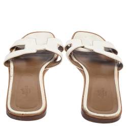 Pre Owned Hermes White Leather Oran Slides Sandals Size 42