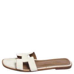 Pre Owned Hermes White Leather Oran Slides Sandals Size 42