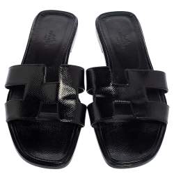 Hermes Black Patent Leather Oran Slides Sandals Size 39