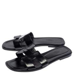Hermes Black Patent Leather Oran Slides Sandals Size 39