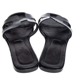 Hermes Black Patent Leather Oran Slides Sandals Size 39
