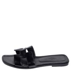 Hermes Black Patent Leather Oran Slides Sandals Size 39