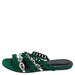 مملوكة مسبقًا Hermes Green/Silver Leather And Suede Chaine D'ancre Flat Sandals Size 38
