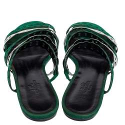 مملوكة مسبقًا Hermes Green/Silver Leather And Suede Chaine D'ancre Flat Sandals Size 38