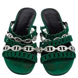 مملوكة مسبقًا Hermes Green/Silver Leather And Suede Chaine D'ancre Flat Sandals Size 38