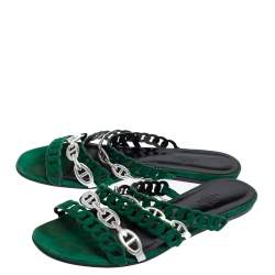 مملوكة مسبقًا Hermes Green/Silver Leather And Suede Chaine D'ancre Flat Sandals Size 38