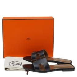 Pre Owned Hermes Black Leather Oran Sandals Size 40.5