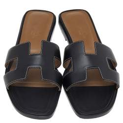 Pre Owned Hermes Black Leather Oran Sandals Size 40.5