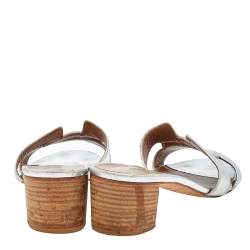 Pre Owned Hermes Silver Leather Oasis Slide Sandals Size 38