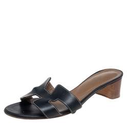 Pre Owned Hermes Black Leather Oasis Sandals Size 39.5