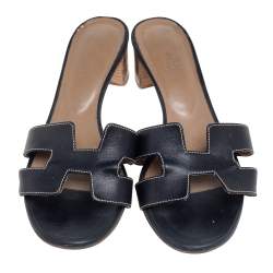 Pre Owned Hermes Black Leather Oasis Sandals Size 39.5