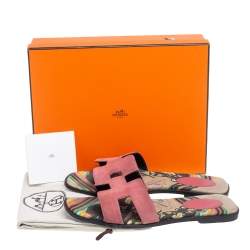 Pre Owned Hermes Pink Suede Oran Flat Slides Size 40
