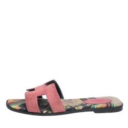 Pre Owned Hermes Pink Suede Oran Flat Slides Size 40