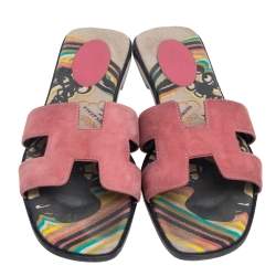 Pre Owned Hermes Pink Suede Oran Flat Slides Size 40