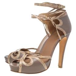 Hermés Brown-Beige Python Leather And Leather Ankle Strap Sandals Size 38