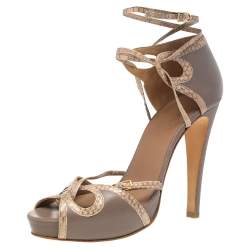 Hermés Brown-Beige Python Leather And Leather Ankle Strap Sandals Size 38