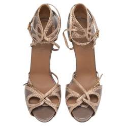 Hermés Brown-Beige Python Leather And Leather Ankle Strap Sandals Size 38