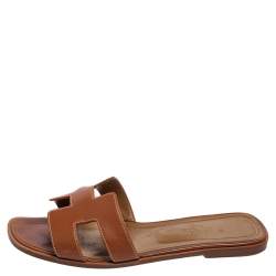 Pre Owned Hermes Brown Leather Oran Flats Sandals Size 39