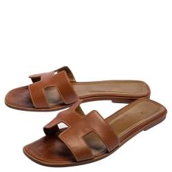 Pre Owned Hermes Brown Leather Oran Flats Sandals Size 39