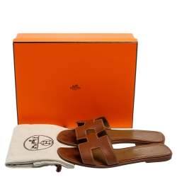Pre Owned Hermes Brown Leather Oran Flats Sandals Size 39