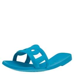 Pre Owned Hermes Blue Rubber Aloha Flat Slides Size 35