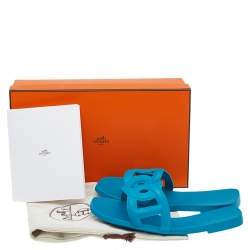 Pre Owned Hermes Blue Rubber Aloha Flat Slides Size 35