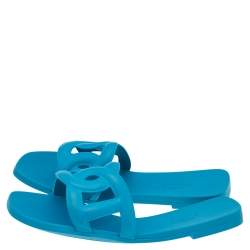 Pre Owned Hermes Blue Rubber Aloha Flat Slides Size 35