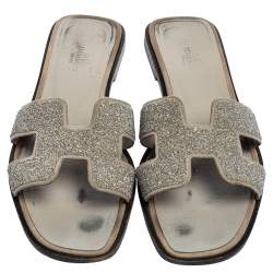 Hermes Grey/Silver Glitter Oran Slide Flats Size 38.5