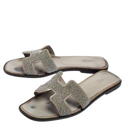Hermes Grey/Silver Glitter Oran Slide Flats Size 38.5