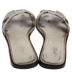 Hermes Grey/Silver Glitter Oran Slide Flats Size 38.5