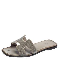 Hermes Grey/Silver Glitter Oran Slide Flats Size 38.5