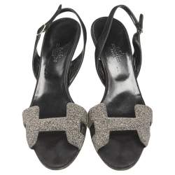 Pre Owned Hermes Black/Silver Glitter and Suede Night Slingback Sandals Size 38