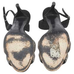 Pre Owned Hermes Black/Silver Glitter and Suede Night Slingback Sandals Size 38