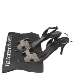 Pre Owned Hermes Black/Silver Glitter and Suede Night Slingback Sandals Size 38