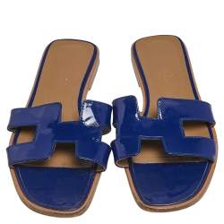 Pre Owned Hermés Blue Patent Leather Oran Slide Sandals Size 37