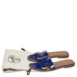 Pre Owned Hermés Blue Patent Leather Oran Slide Sandals Size 37