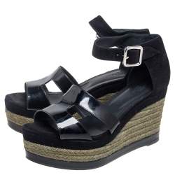 Hermes Black Suede and Patent Leather Ilana Espadrille Wedge Sandals Size 38