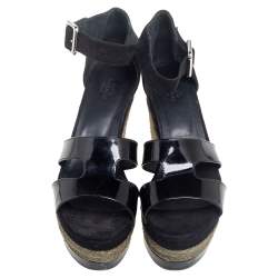 Hermes Black Suede and Patent Leather Ilana Espadrille Wedge Sandals Size 38