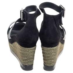 Hermes Black Suede and Patent Leather Ilana Espadrille Wedge Sandals Size 38